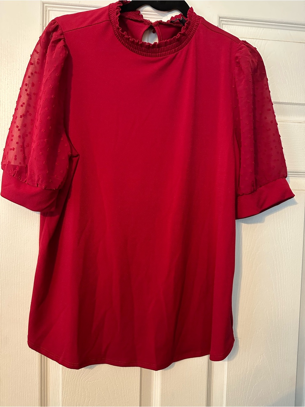 Adrianna Papell Red Puff-Sleeve Ruffled Neck Blouse